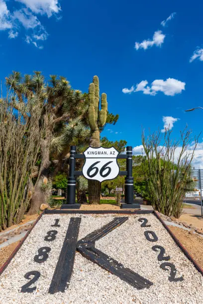 A commemorative display for the City of Kingman in Locomotive Park along Route 66.