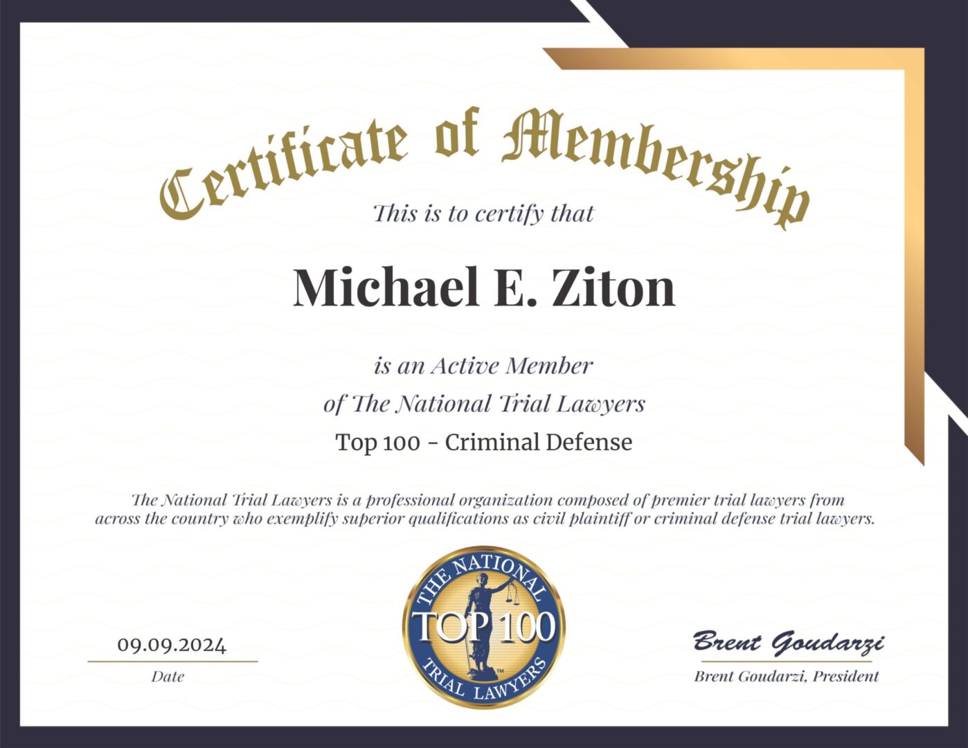 Ziton's National Trial Lawyers membership certificate.